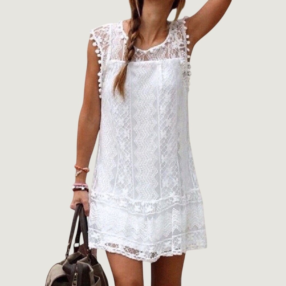 Womens Dress Lace Pom Pom Boho Cottagecore Coastal White Wedding Size M